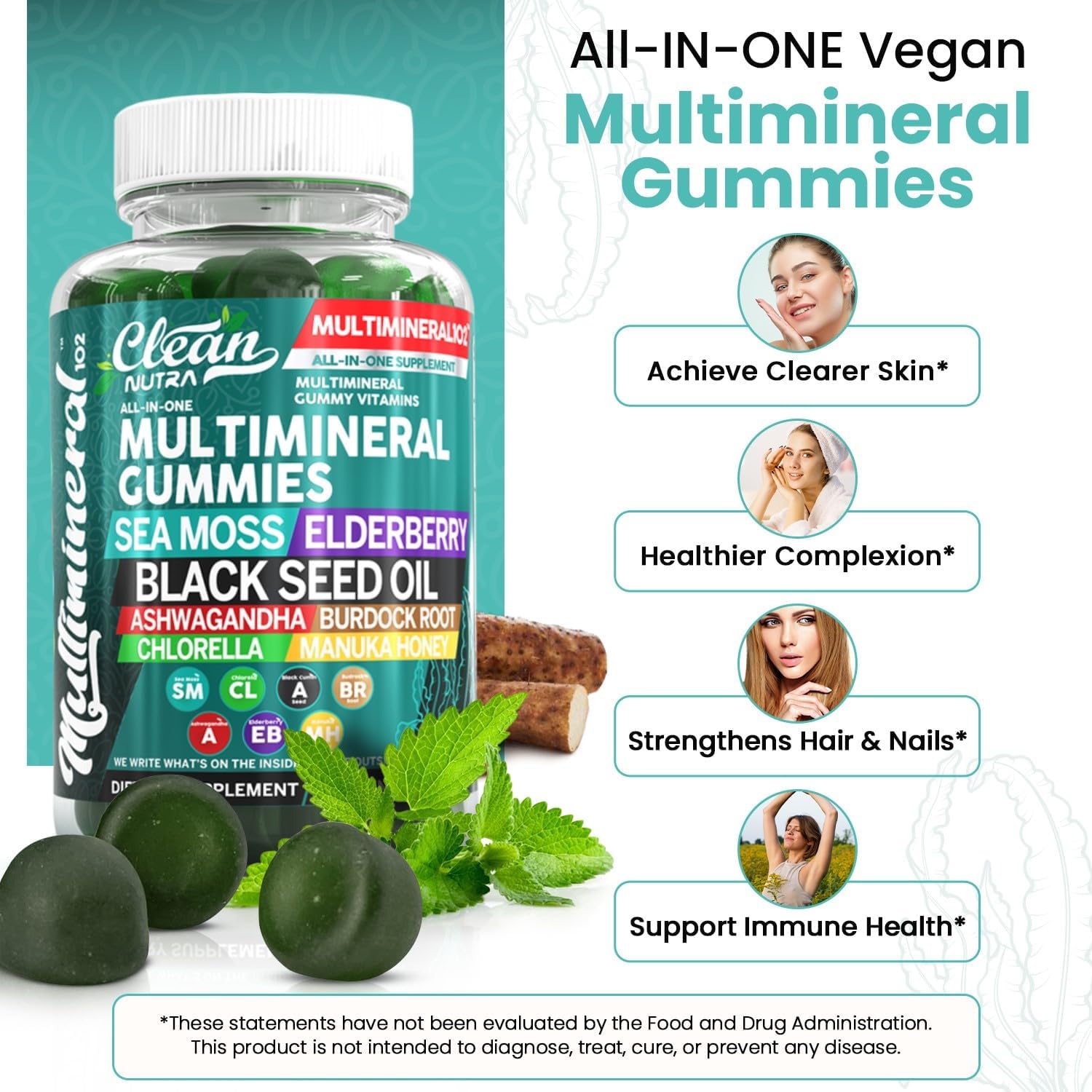 Sea Moss Black Seed Oil Gummies with Ashwagandha, Elderberry, Burdock Root, Chlorella, Manuka Honey - Vegan Gummy Vitamins for Adults Kids Men Women - Multimineral Green Apple Flavor by Clean Nutra : Health & Household
