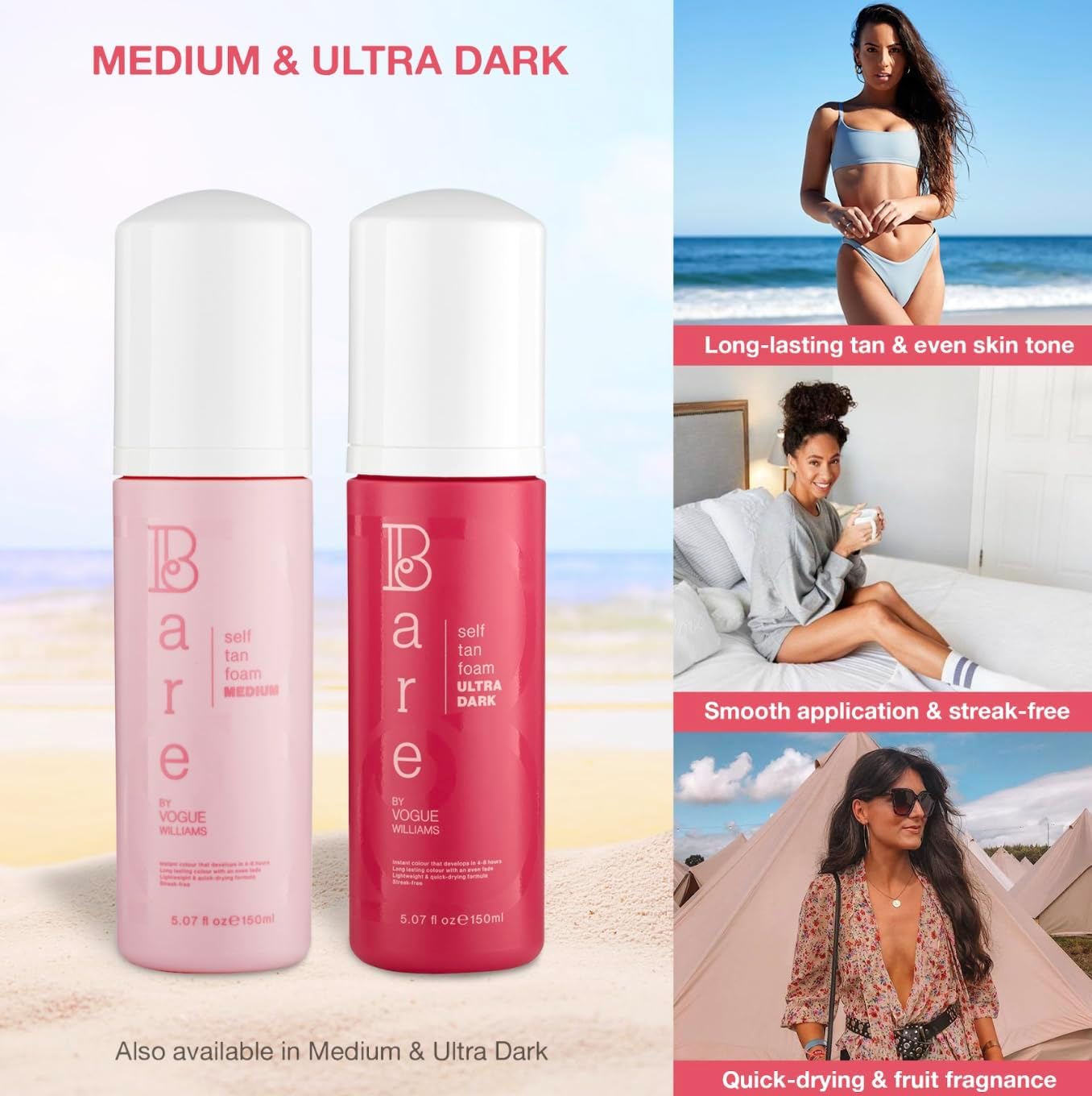Bare by Vogue Self Tanning Foam for Face & Body - Lightweight, Streak-Free Application - Natural-Looking Tan Enriched with Skin-Nourishing Ingredients - Ideal for All Skin Types, 150ml (Dark) : Amazon.co.uk: Beauty