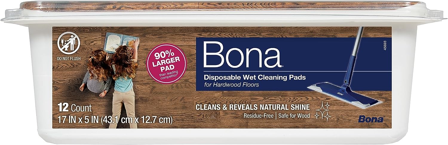 Bona Hardwood Floor Disposable Wet Cleaning Pads - 12 cleaning pads per pack - unscented - Use with Bona Mops - Residue-Free Floor Cleaning Solution for Wood Floors