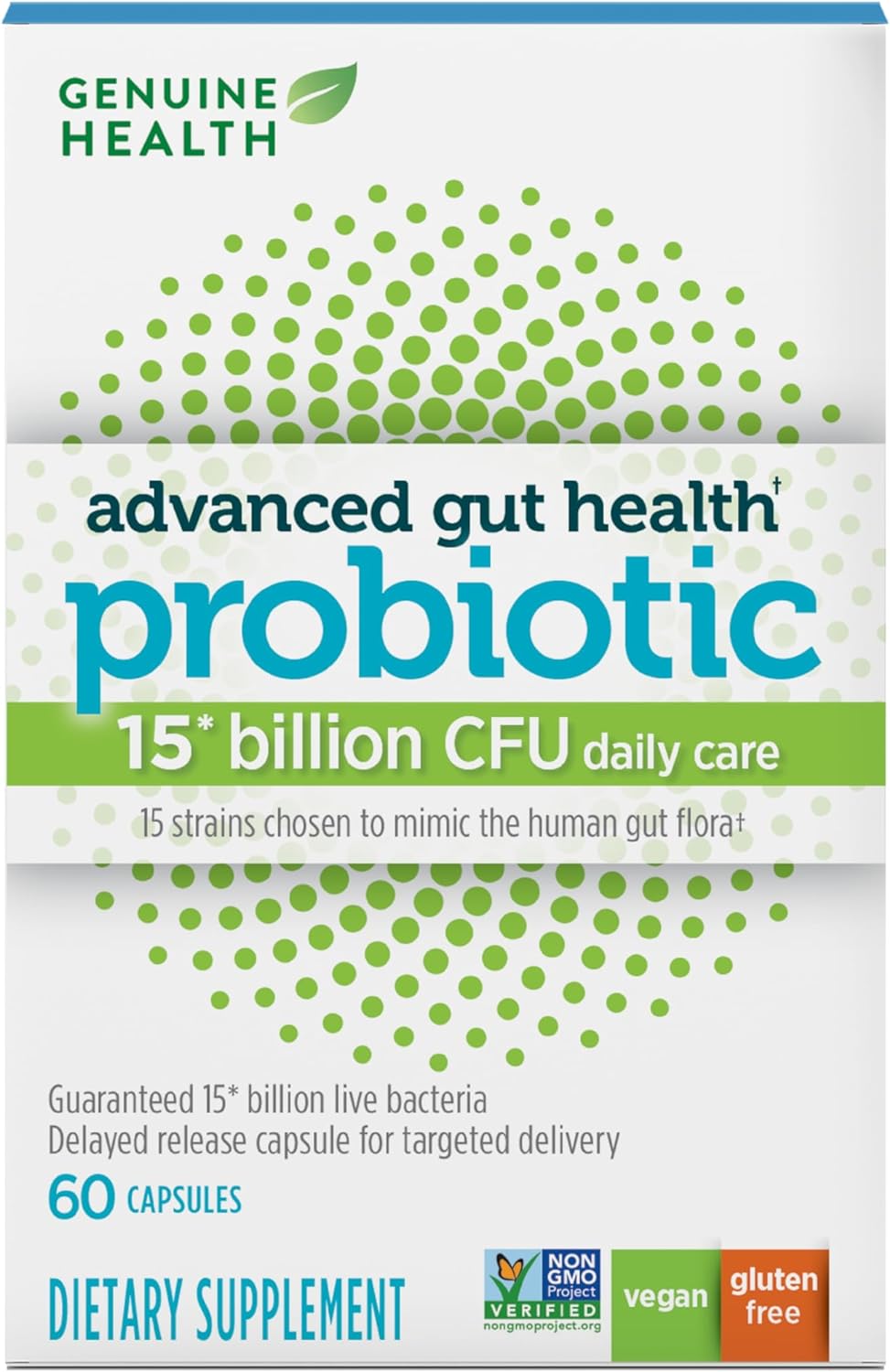 Genuine Health Probiotic, 15 Billion Cfu, Gentle Care, 15 Strains, Supports Gut + Digestive Health, Vegan Delayed-Release Capsules, For Advanced Gut Health (60 Count)