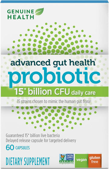 Genuine Health Probiotic, 15 Billion Cfu, Gentle Care, 15 Strains, Supports Gut + Digestive Health, Vegan Delayed-Release Capsules, For Advanced Gut Health (60 Count)