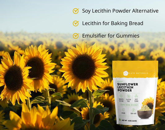 Kate Naturals Sunflower Lecithin Powder For Baking Bread, Gummies, Cooking (4Oz) 100% Natural, Gluten Free, Non-Gmo Substitute For Lecithin Powder For Liposomal Vitamin C, Lactation Supplement