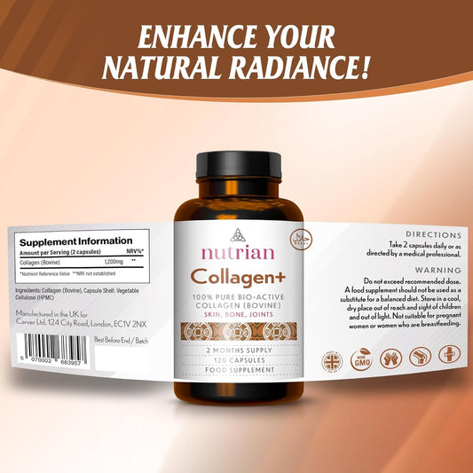 Nutrian 100% Pure Bio-Active Bovine Collagen 1200Mg - 120 Capsules - Supports Skin, Bones & Joints - 2-Month Supply - Natural, Halal Collagen Supplements For Women And Men