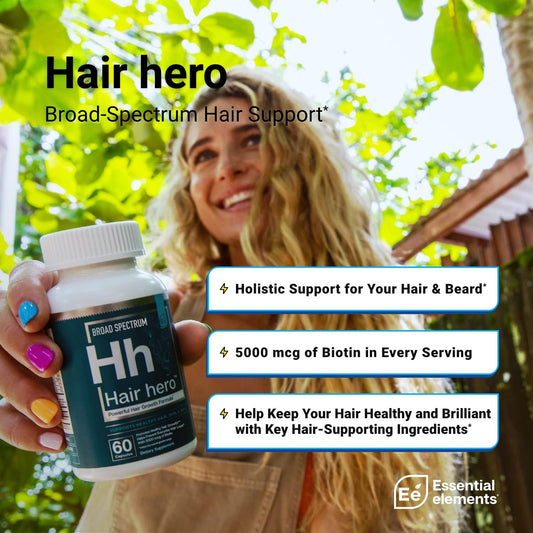 Essential Elements Hair Hero - Hair Supplement For Women And Men - Powerful Hair Vitamin Formula For Hair Growth & Thickness - Healthy Hair, Skin, And Nails Product - 5000 Mcg Biotin