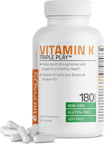 Vitamin K Triple Play (Vitamin K2 Mk7 / Vitamin K2 Mk4 / Vitamin K1) Full Spectrum Complex Vitamin K Supplement, 180 Capsules