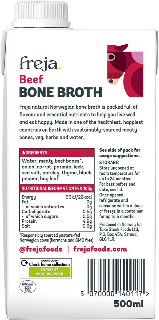 Freja Beef Bone Broth | Grass-Fed | Collagen, Protein & Amino Acids | Low Carb, Keto & Gluten Free | Clear Liquid Broth, Not Beef Stock Cubes, Powder Or Concentrate | 12 X 500Ml