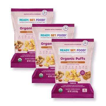 Organic Puffs - Early Allergen Introduction Snack Puffs W/ 9 Top Allergens: Organic Peanuts, Cashew, Egg & More By Ready Set Food, No Added Sugar, Babies 8+ Months, Peanut Butter 3-Pack