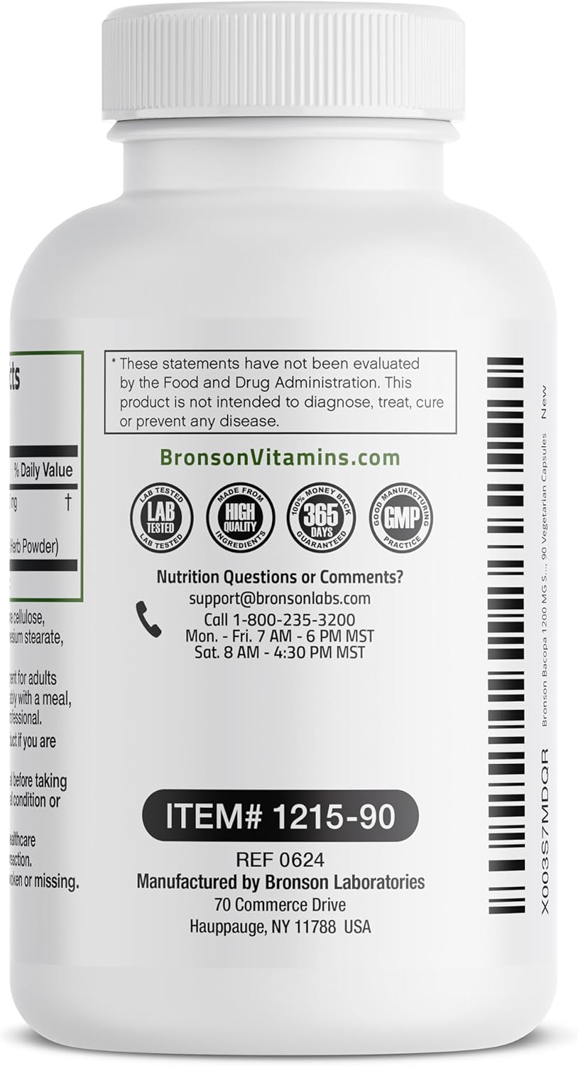 Bronson Bacopa (1200mg Equivalent from 8:1 Extract) Supports Healthy Brain Function and Mental Performance, Traditional Herb, Non-GMO, 90 Vegetarian Capsules : Health & Household