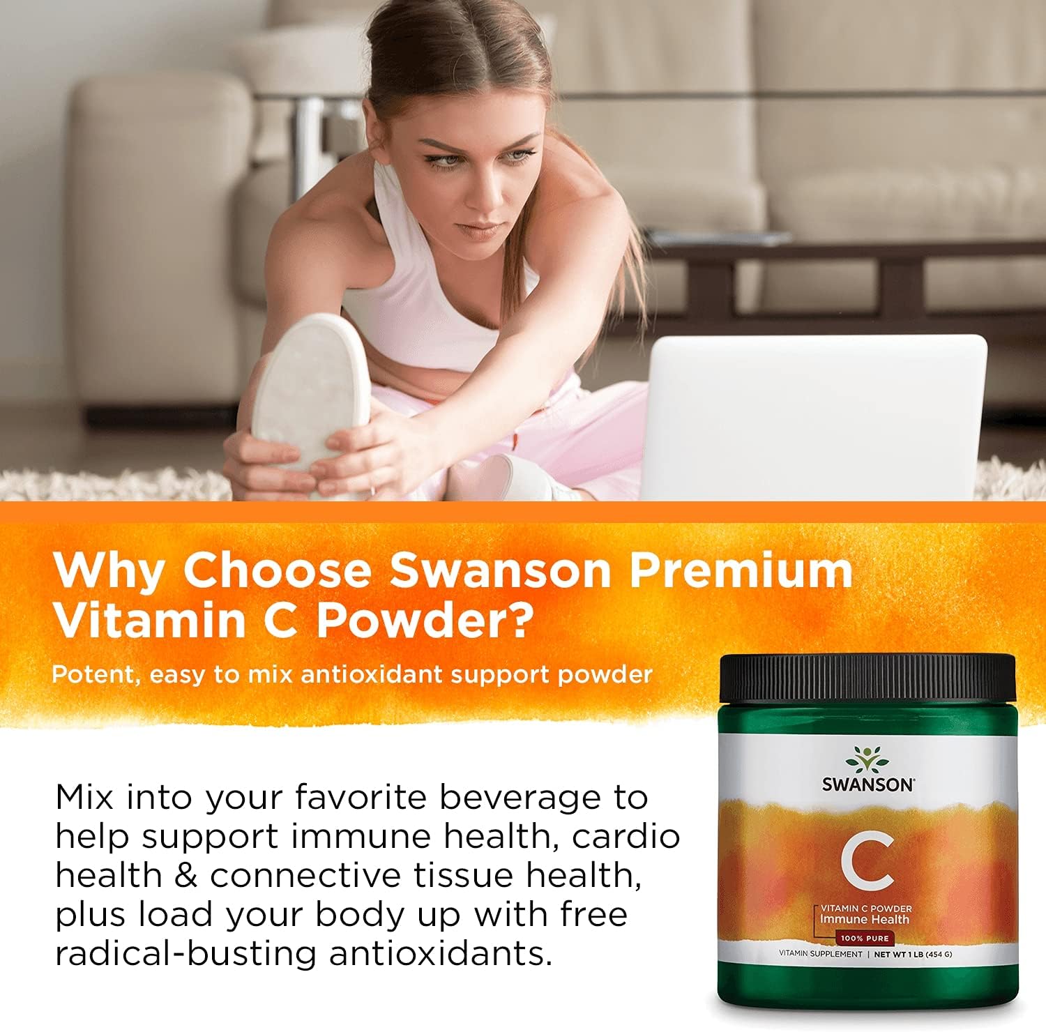 Swanson Vitamin C Powder 100% Pure Ascorbic Acid, Immune System Support, Skin Health, Cardiovascular Health, Antioxidant Supplement 1000 mg (per Serving) 1 lb. 454 g : Health & Household