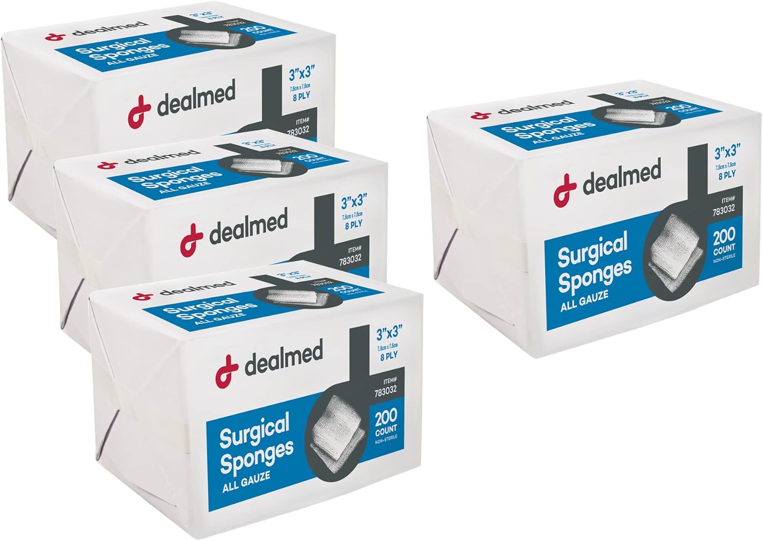 Dealmed 3" X 3" Surgical Sponges, 8-Ply, Non-Woven Absorbent Gauze Sponges For Wound Care, First Aid Kits And Medical Facilities, 200 Count (Pack Of 4)