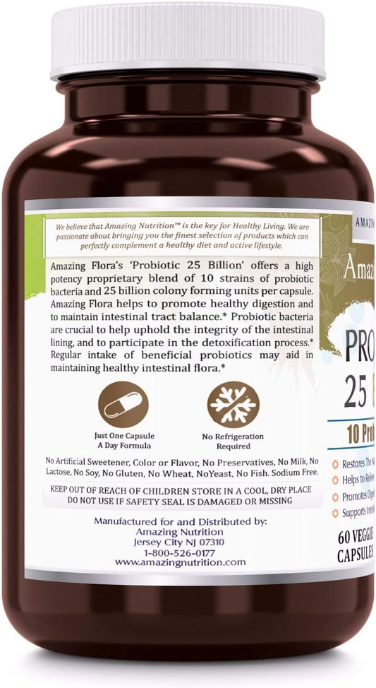 Amazing ora Probiotic 25 Billion with 10 Best Probiotics Strains Including Acidophilus, plantarum, rhamnosus etc * Supports Digestive & Immune Health *60 Veggie Capsules (Non GMO,Gluten Free)