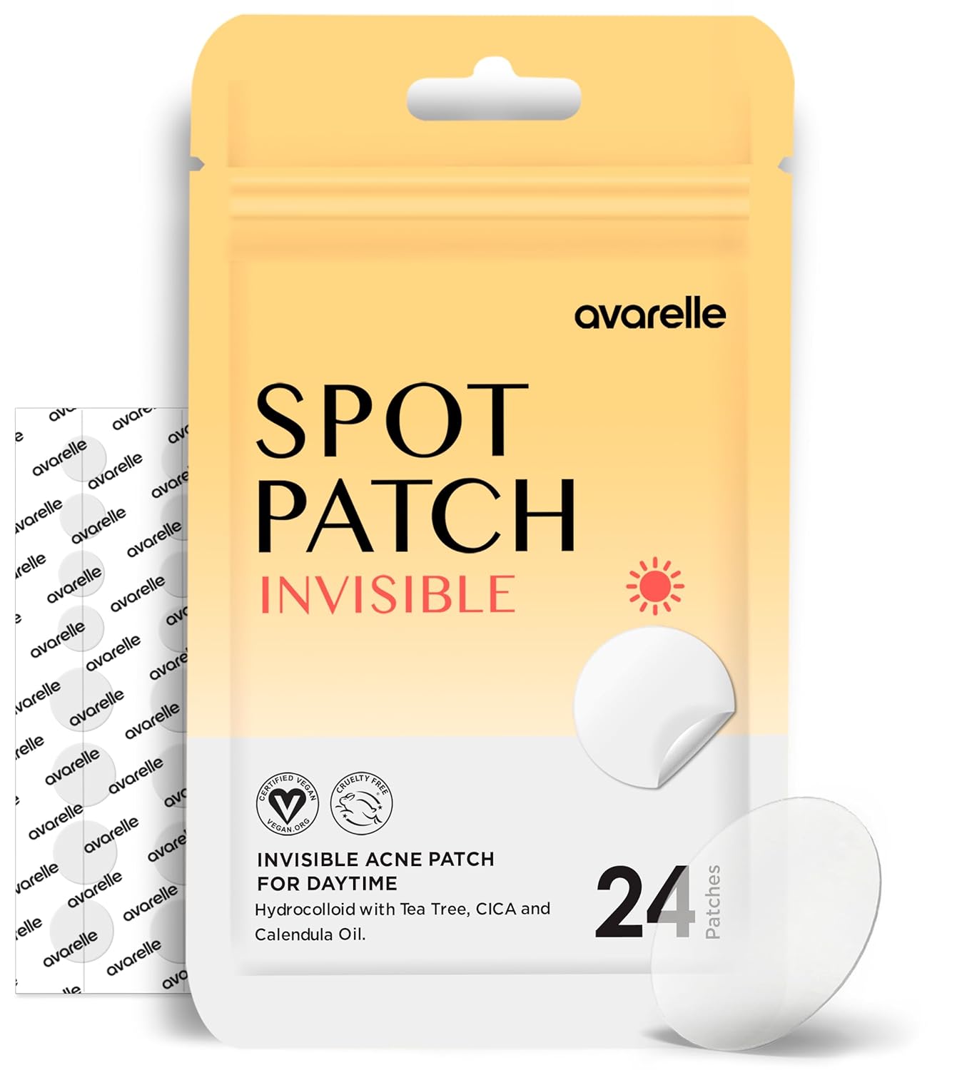 Avarelle Invisible Acne Spot Patch (24 Count) Ultra Thin Hydrocolloid Spot Sticker For Day Time Acne L For Covering Zits & Blemish With Calendula, Rosehip Seed, Vegan, Cruelty Free