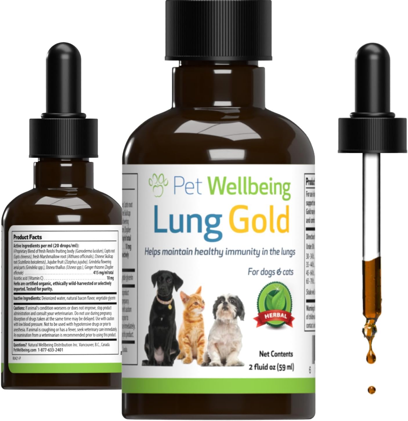 Pet Wellbeing Lung Gold For Dogs - Lung Immune Support, Lower Respiratory Health, Open Airways, Normal Breathing, Reishi, Coptis - Veterinarian-Formulated Herbal Supplement - 2 Oz (59 Ml)