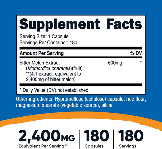 Nutricost Bitter Melon 600Mg (2,400Mg Equivalent), 180 Capsules - Gluten Free, Non-Gmo