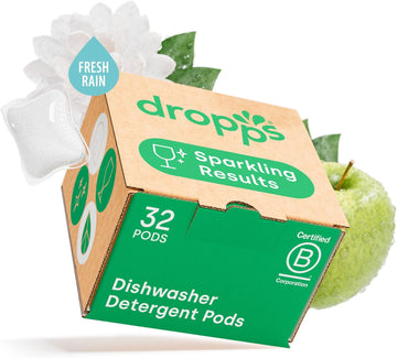 Dropps UltraWash Power Biobased Dishwasher Pods, Fresh Rain (32 Dish Tabs) - Deep Clean Dishwasher Detergent Tablets for Sparkling Shiny Dishes - No Rinse Aid or Pre-Wash Needed