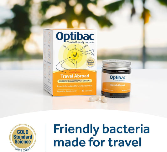 Optibac Probiotics Travel Abroad - Highly Researched Vegan Digestive Probiotic Supplement - Expertly Formulated For Travel & A Range Of Climate Conditions - With Saccharomyces Boulardii - 20 Capsules
