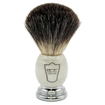 Parker 100% Black Badger Bristle Shaving Brush With Ivory Marbled Handle - Brush Stand Included