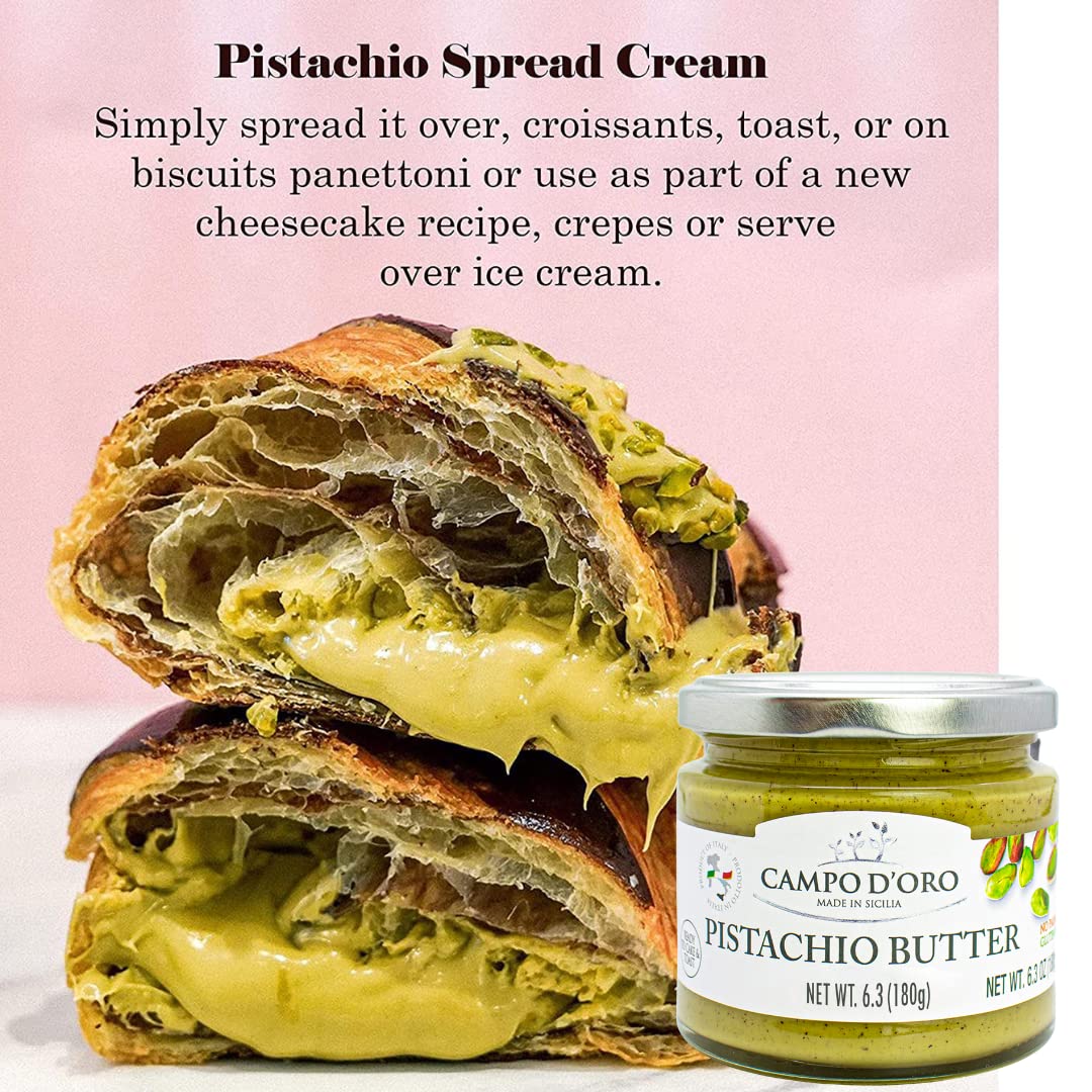 Pistachio Nut Butter Sweet Cream, 6.35 Oz (180G), Rich & Nutty Pistachio Cream For Knafeh Pistachio Chocolate Bars, Sweet Sicilian Pistachio Cream Spread, Spreadable, Mix Well After Opening, Pistachios From Sicily, Italy, No Palm Oil, Campo D'Oro