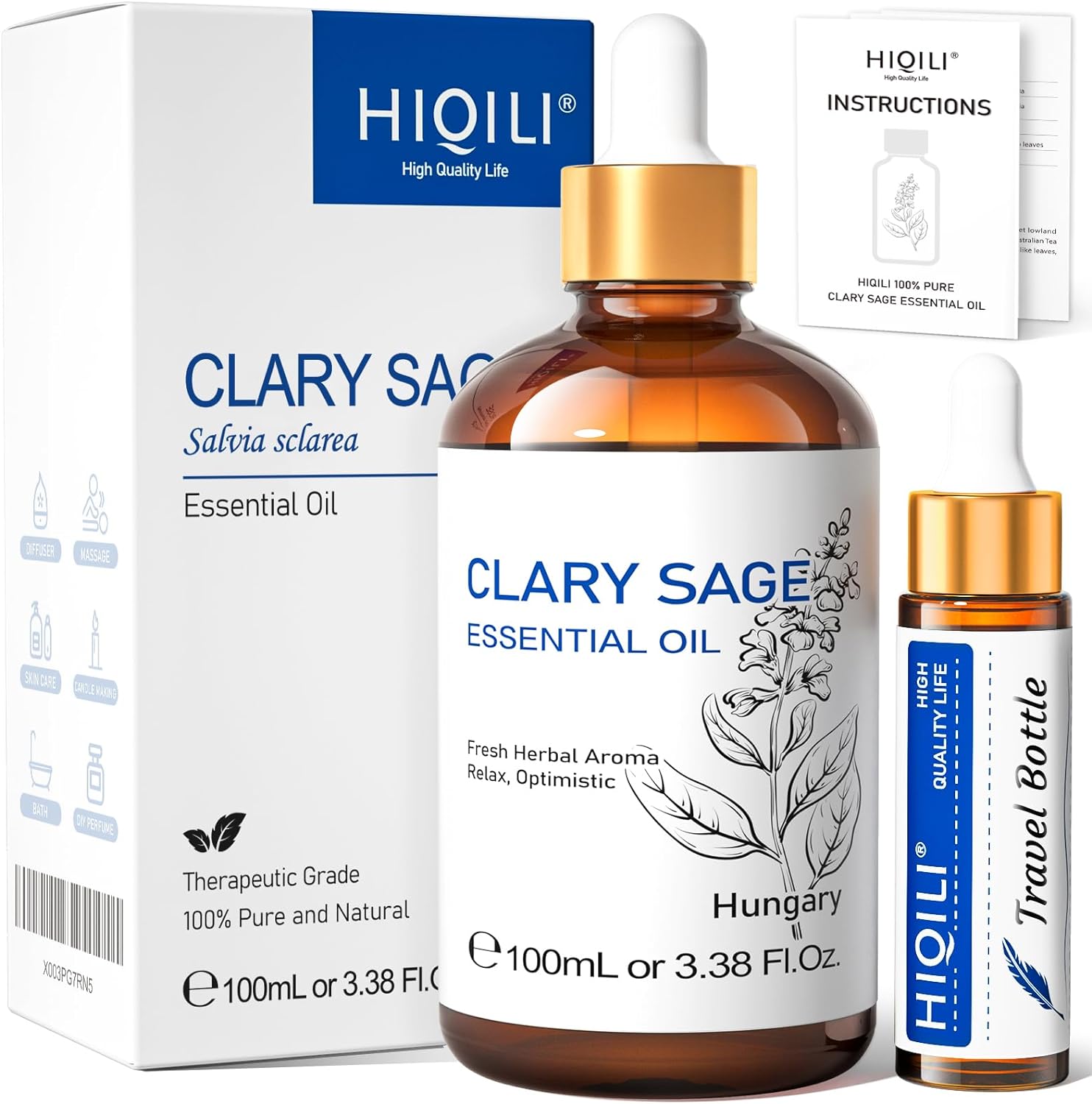 HIQILI Clary Sage Oil Essential Oil 3.38 Fl Oz, Premium Sage Essential Oil for Aromatherapy Diffuser -100mL