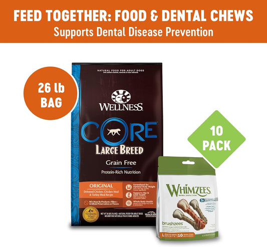 Whimzees Wellness Core Grain Free Large Breed Dry Dog Food, Chicken, Chicken Meal & Turkey Meal, 26 Lb Bag Brushzees Dog Dental Treats, Large, 6 Chews