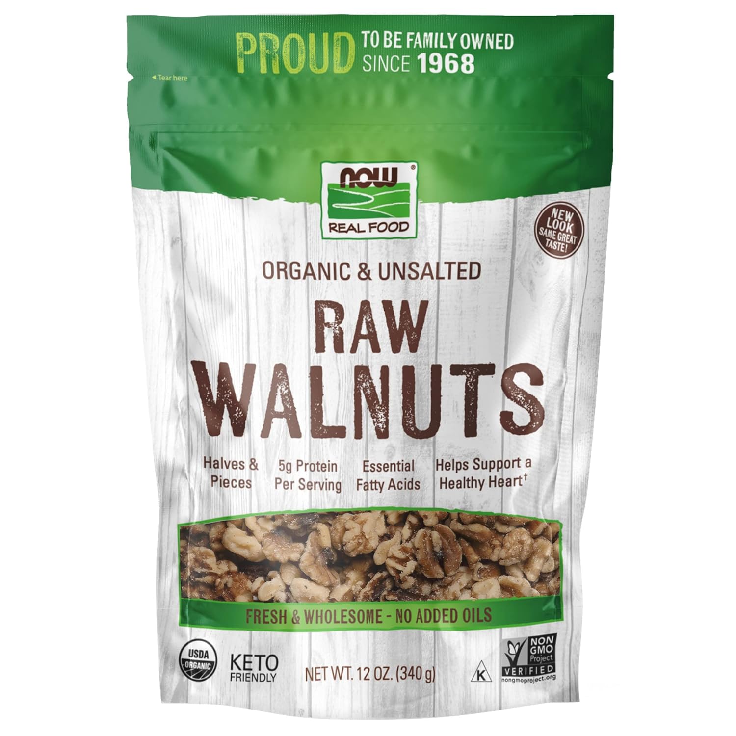 NOW Foods, Certified Organic Walnuts, Raw and Unsalted, Halves and Pieces, Good Source of Protein and Healthy Fatty Acids, Certified Non-GMO, 12- (Packaging May Vary)