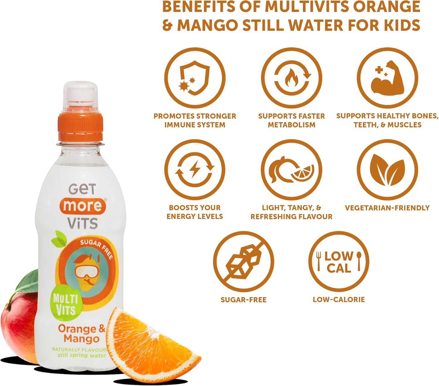 Get More Vits - Kids Multi Vits Orange & Mango Still Flavoured Spring Water (330ml x12), Natural, Sugar-Free, Low-Calorie, Stronger Immune System, Healthy Bones, Teeth & Muscles, Vegetarian : Amazon.co.uk: Grocery
