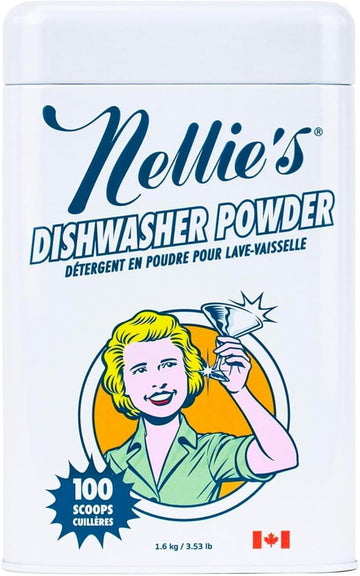 Nellie's Dishwasher Powder - Tough on Food Residue, Plant-Based Ingredients, Spotless Clean, High-Efficiency Dishwashing Solution - 100 Scoop Tin