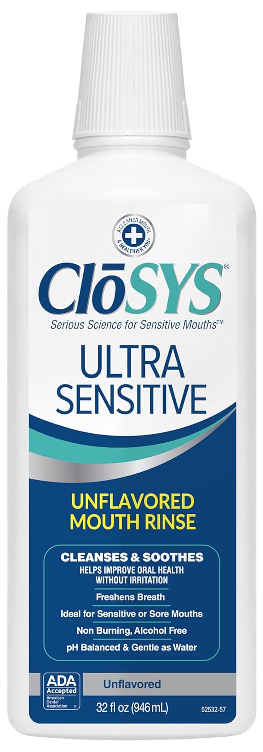 Closys Ultra Sensitive Mouthwash, 32 Ounce, Unflavored (Optional Flavor Dropper Included), Alcohol Free, Dye Free, Ph Balanced, Helps Soothe Entire Mouth