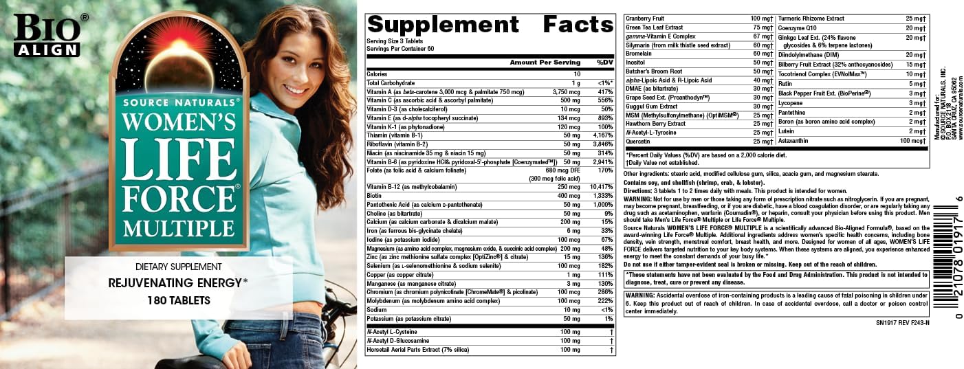 Source Naturals Women's Life Force Multiple, Daily Multivitamin & Immune Health, Rejuvenating Energy* Supplement - 180 Tablets : Health & Household