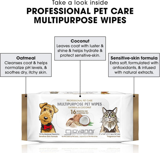 Giovanni Multipurpose Pet Wipes, Pack Of 75 – Oatmeal & Coconut Helps Neutralizes Odors