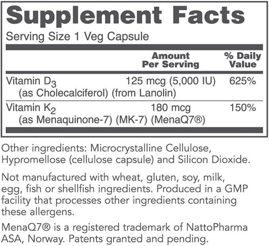 Protocol K2 MK-7 & D3 - Skeletal, Bone, Calcium Absorption & Heart Health Supplement* - for Teeth, Vascular & Immune System Health* - Non-GMO, Kosher, Halal, Soy-Free - 60 Veg Capsules