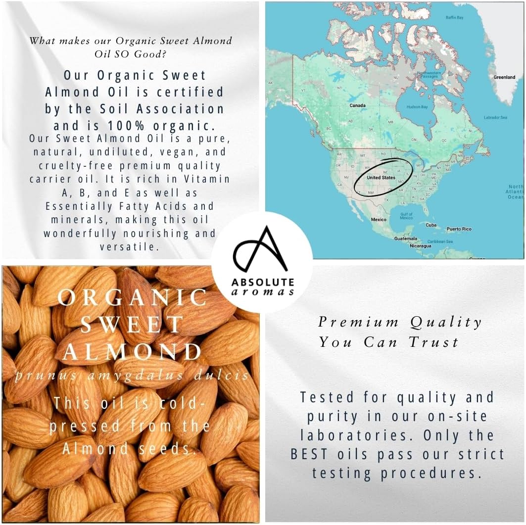 Absolute Aromas Organic Almond Sweet Oil 100ml - Pure, Natural, Cold-Pressed, Unrefined, Vegan and Cruelty-Free - Massage Base Oil and Moisturiser for Hair, Skin, Face and Nails : Amazon.co.uk: Health & Personal Care