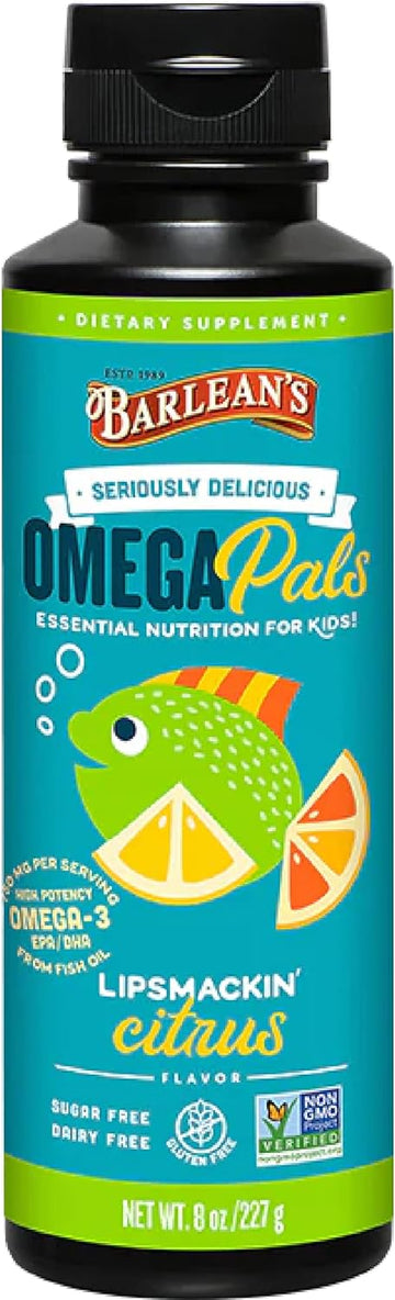 Barlean's Omega Pals Lipsmackin' Citrus Flavored Omega-3 for Kids, Yummy Children's Liquid Fish Oil Supplement with 750 mg of EPA & DHA for Brain & Eye Health, 8 oz