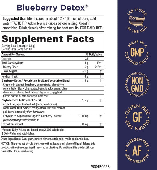 Purity Products Advanced Blueberry Detox Daily Fiber Formula Featuring PurityBlue Organic Wild Blueberries - A Full 6 Grams of Detoxifying, Regularity Promoting Prebiotic Fiber - 30 Servings