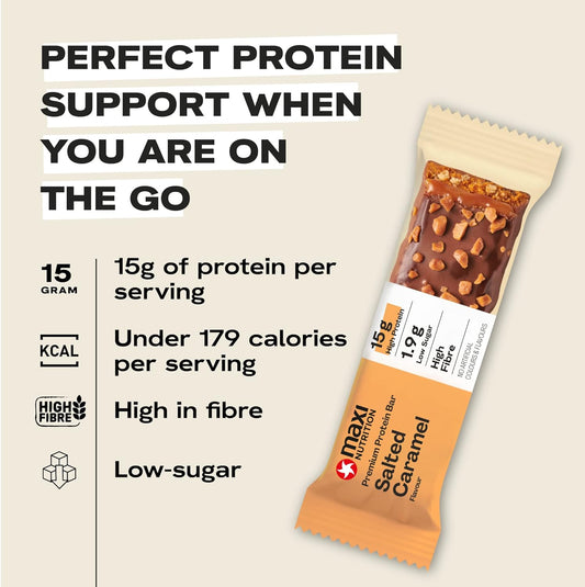 MaxiNutrition Premium Protein Bar - High Protein Snack - Low in Sugar - 15g Protein - Salted Caramel, Under 190 kcal per Serving, 12 x 45g