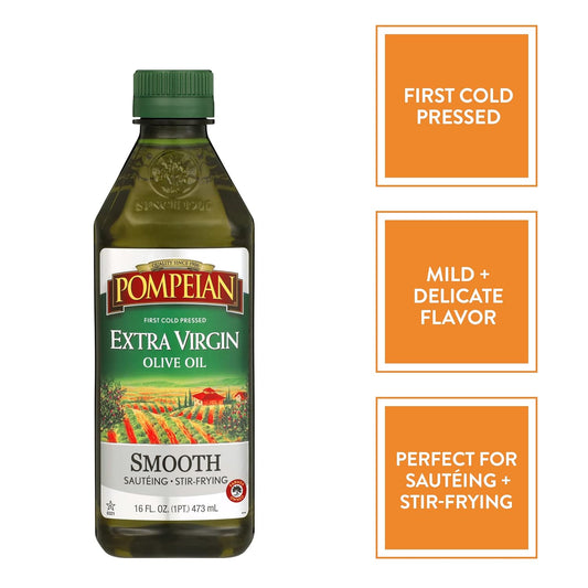 Pompeian Smooth Extra Virgin Olive Oil, First Cold Pressed, Mild And Delicate Flavor, Perfect For Sauteing And Stir-Frying, Naturally Gluten Free, Non-Allergenic, Non-Gmo, 16 Fl. Oz., Single Bottle