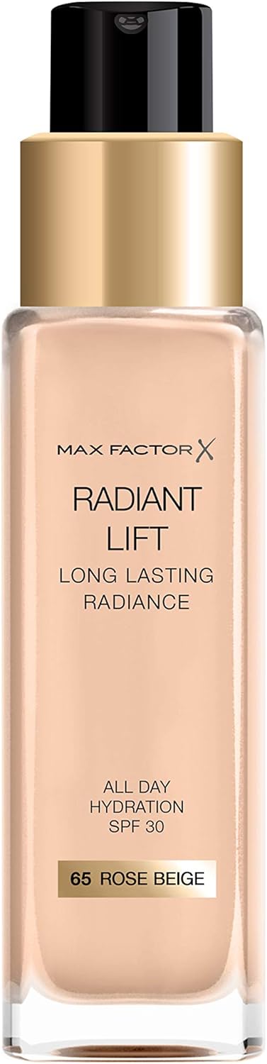 Max Factor Radiant Lift Liquid Pump Medium To Full Coverage Radiant Finish Foundation With Spf30 And Hyaluronic Acid, 065 Rose Beige, Medium Skin Tone, 30Ml