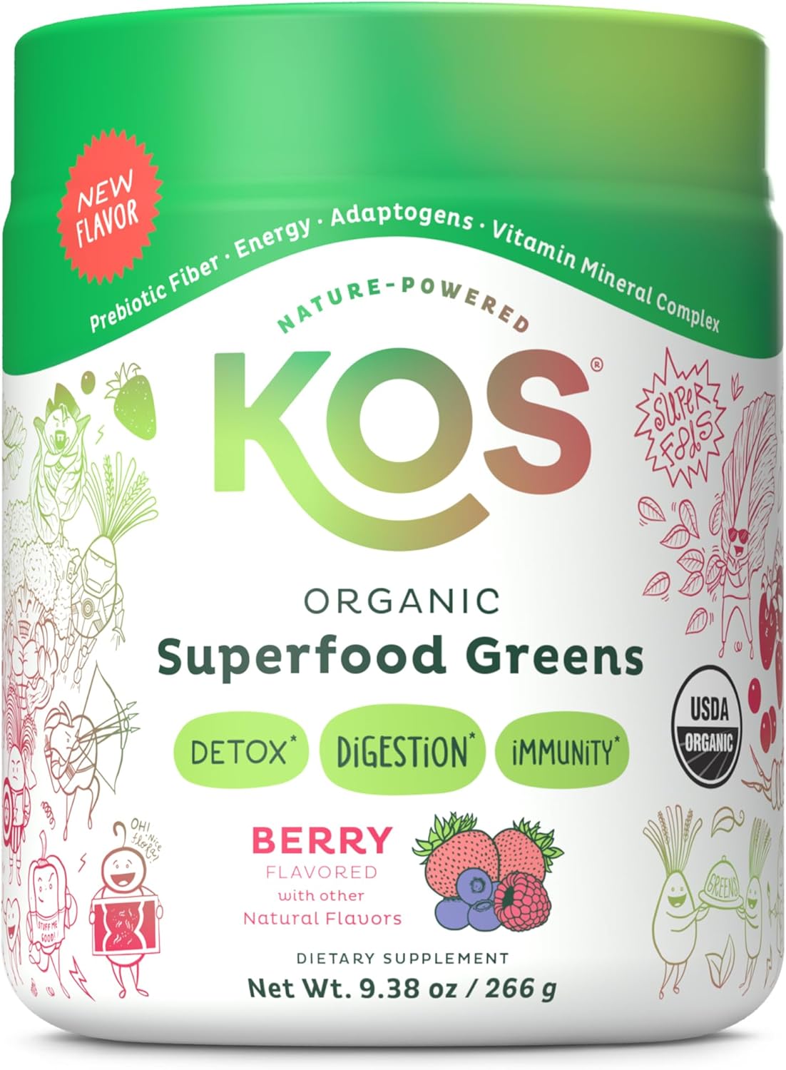 Kos Organic Superfood Greens Powder - Gut Health From Prebiotic Fiber, Supergreens And Adaptogens - Usda Certified Organic, Made In A Gmp Certified Facility - 28 Servings Berry