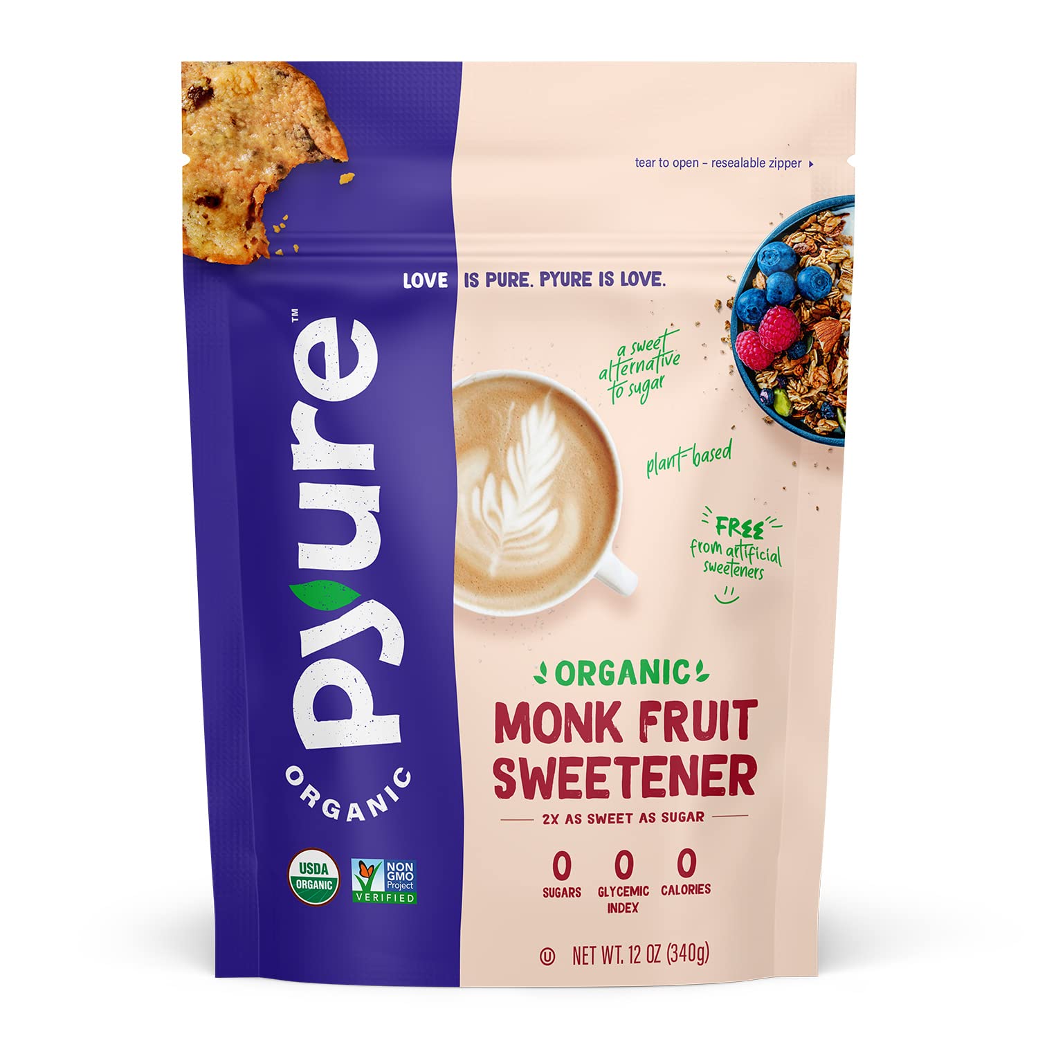 Pyure Organic Monk Fruit Sweetener | Granulated White Sugar Substitute | Zero Carb, Zero Sugar, Zero Calorie | Plant-Based Monk Fruit Sweetener for Keto Friendly Food | 12 Oz