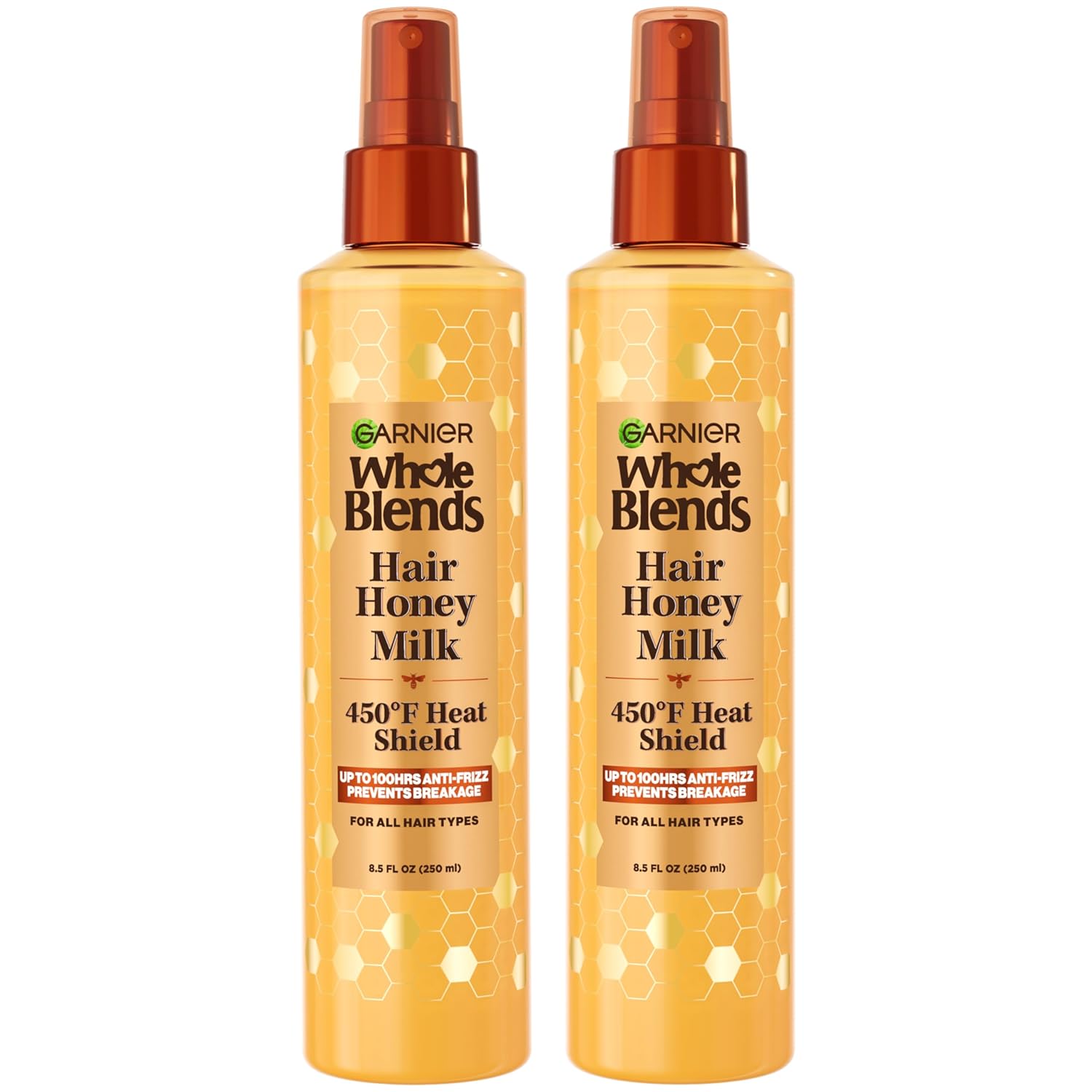 Garnier Whole Blends Hair Honey Milk 450F Heat Protectant Spray, For All Hair Types With Up To 100 Hrs Of Frizz Control, 8.5 Fl Oz, 2 Count