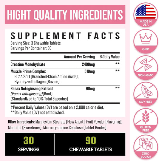 Creatine For Women, With Hydrolyzed Collagen, Bcaa(2:1:1) & Panax Notoginseng Extract, Creatine Chews For Women Booty Gain, Lean Muscles, Recovery & Energy, Vegan, Sugar Free Creatine, 30 Servings