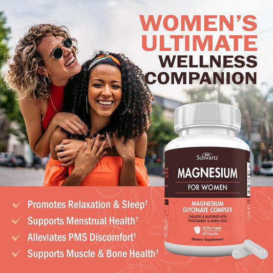 4 in 1 Magnesium Supplement for Women - Magnesium Glycinate with Chasteberry Dong Quai and Vitamin B6 for Stress Relief, Healthy Sleep, Nerves, Bones, Muscles (Manufactured in The USA) 60 Capsules