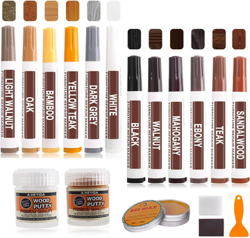 18 PCS Wood Scratch Repair Kit Marker - 12 Color Wood Repair Markers with Wood Putty Filler and Beeswax, Hardwood Floor Furniture Repair Kit for Repair Stains, Scratches, Floors, Tables, Cabinets