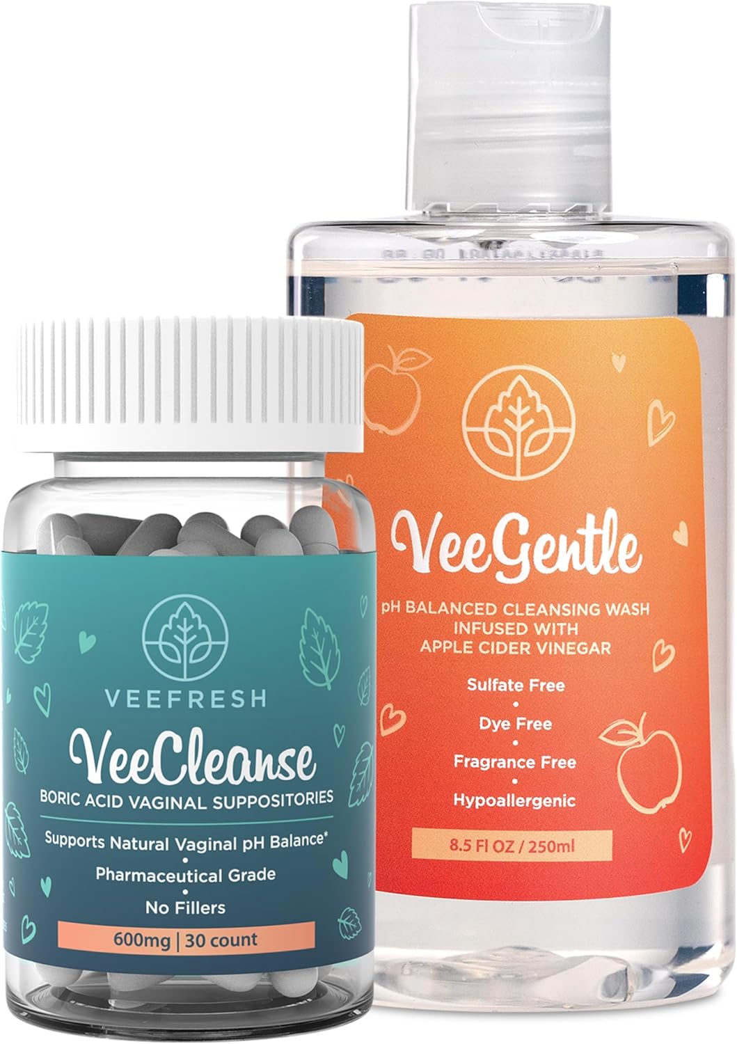 Veefresh Veepower Lite Bundle - A Convenient Feminine Care Bundle For Any-Time Freshness & Odor Control - Veecleanse Boric Acid Suppositories + Veegentle Feminine Wash For Ph Balance