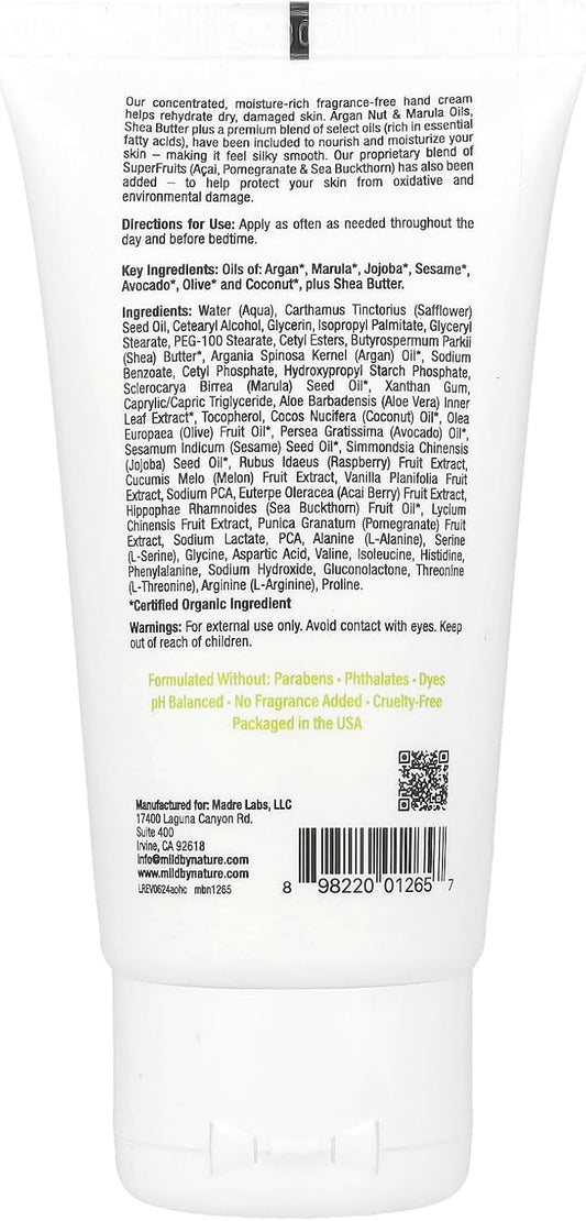 Mild By Nature, Argan Oil Hand Cream With Avocado Oil, Marula Oil, Acai, Goji & Shea Butter, Ph-Balanced, Unscented, 2.5 Oz (71 G)