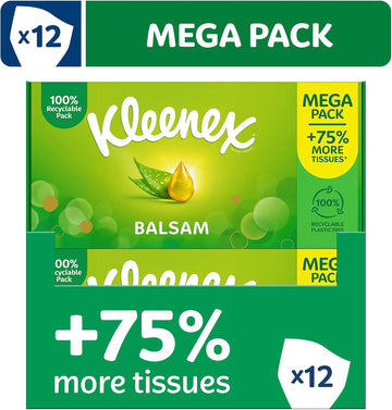 Kleenex® Balsam Tissues, Mega Pack - 1,344 Sheets (12 Boxes x 112 Sheets) - Balm Tissues Protect and Soothe Your Nose When You've Got a Cold - Balmcare® with Aloe Vera, Vitamin E and Calendula