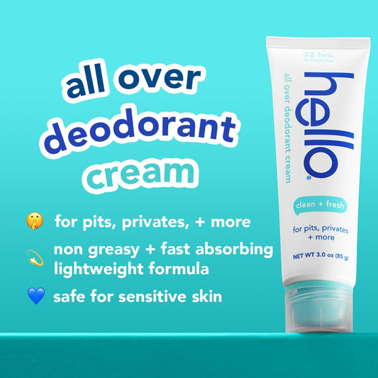 hello Clean & Fresh All Over Whole Body Deodorant Cream for Women and Men, Aluminum Free, Safe for Sensitive Skin, Pits, Privates, 3 ounces