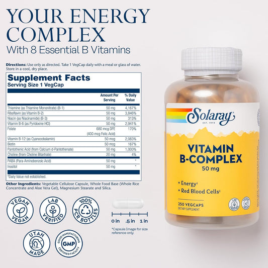 Solaray Vitamin B Complex 50Mg - Healthy Energy Supplement - Red Blood Cell Formation, Nerve And Immune Support - Super B Complex Vitamins W/Folic Acid, Vitamin B12, B6 And More, Vegan, 250 Vegcaps