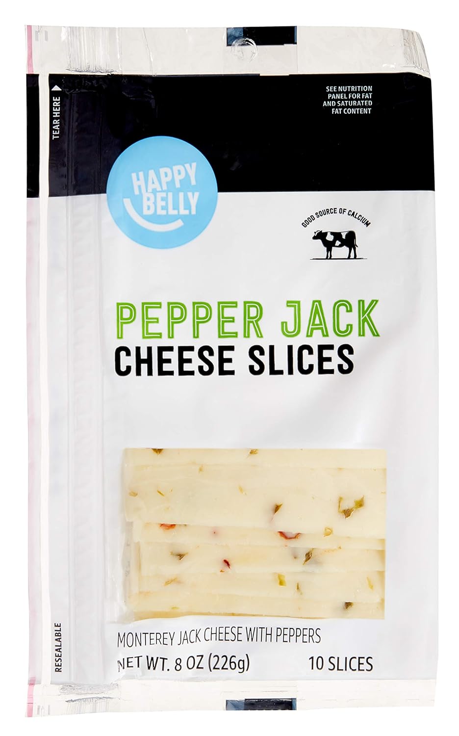 Amazon Brand - Happy Belly Sliced Pepper Jack Cheese, 10 Slices, 8 Oz