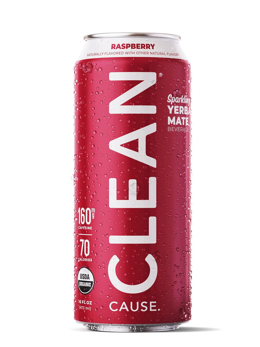 Clean Cause Low Calorie Raspberry Usda Organic Sparkling Yerba Mate Tea (16Oz Cans, 12-Pack Case) Low Sugar, 160Mg Caffeine, Healthy Alternative To Soda & Energy Drinks